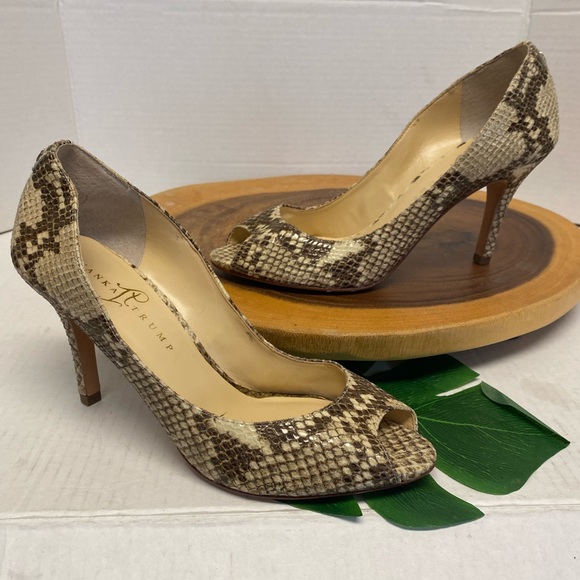 Ivanka Trump Shoes - Ivanka Trump Snakeskin Peep Toe Leather Heels